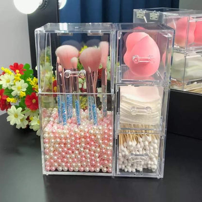 Acrylic Makeup Brush Organizer With Drawer And Pearls