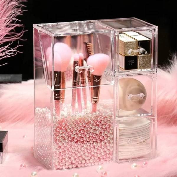 Acrylic Makeup Brush Organizer With Drawer And Pearls