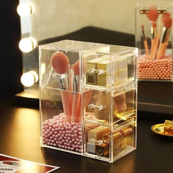 Acrylic Makeup Brush Organizer With Drawer And Pearls