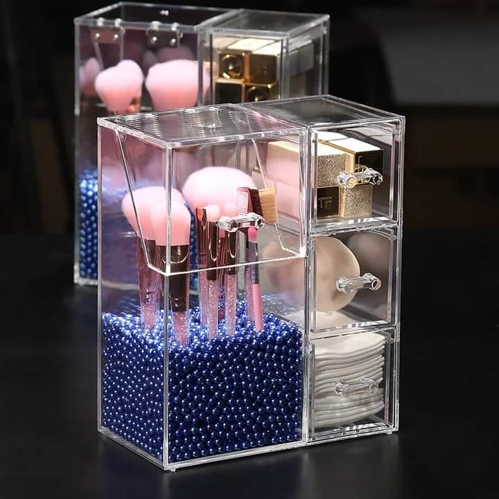 Acrylic Makeup Brush Organizer With Drawer And Pearls