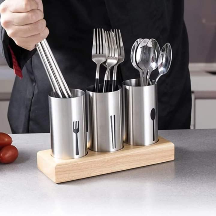 Stainless Steel 3 Portion Cutlery Holder With Tray