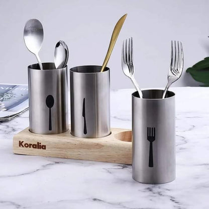 Stainless Steel 3 Portion Cutlery Holder With Tray