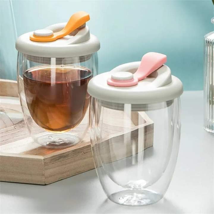 Double Layer Travel Glass Mug With Lid