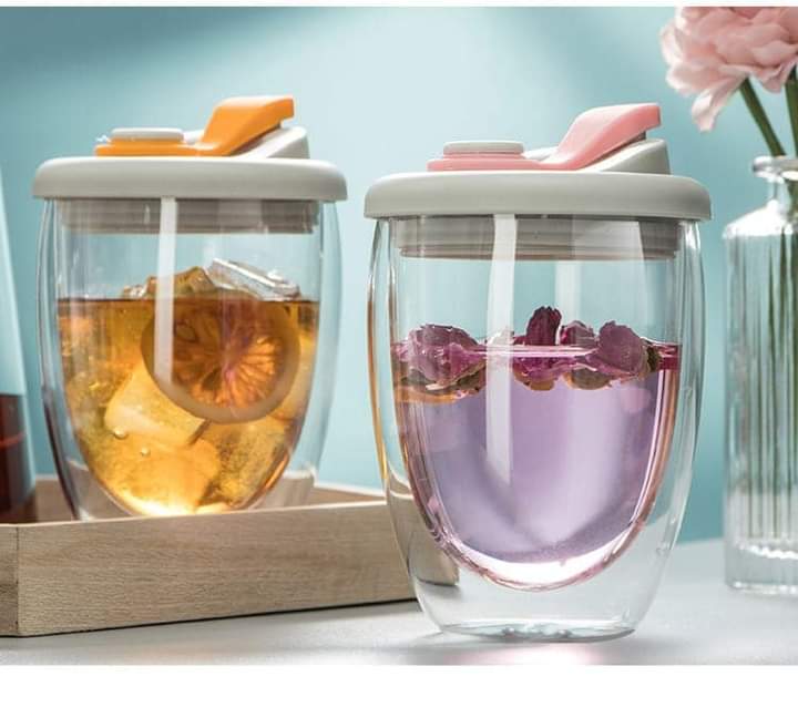 Double Layer Travel Glass Mug With Lid