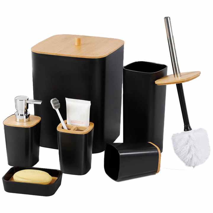 6 Pcs Washroom Set With Wooden Lid Plastic