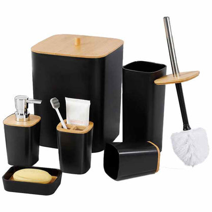 6 Pcs Washroom Set With Wooden Lid Plastic