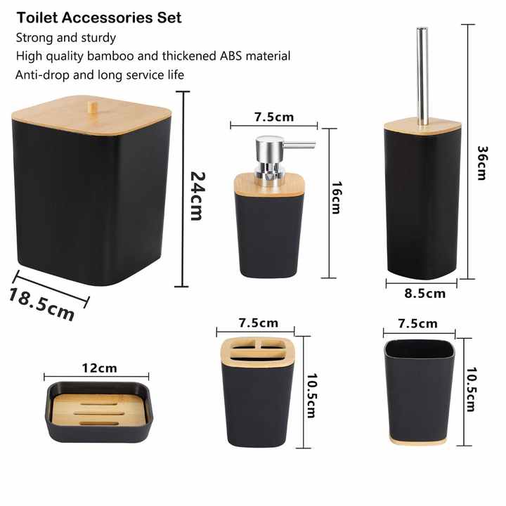 6 Pcs Washroom Set With Wooden Lid Plastic