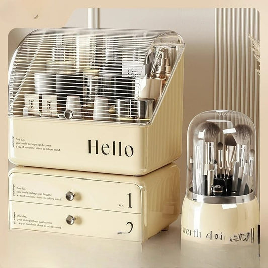 cosmetic organizer with dual shelves and brushes holder