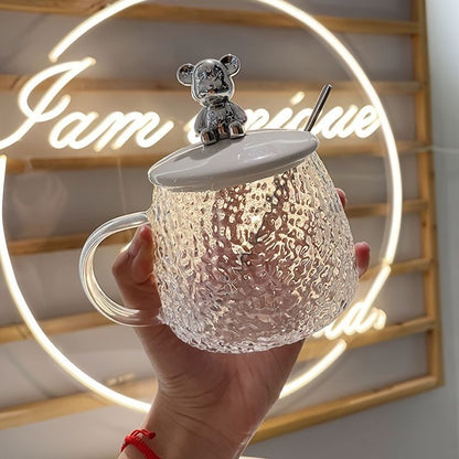 Glass Coffee Mug With Bear Lid And Spoon