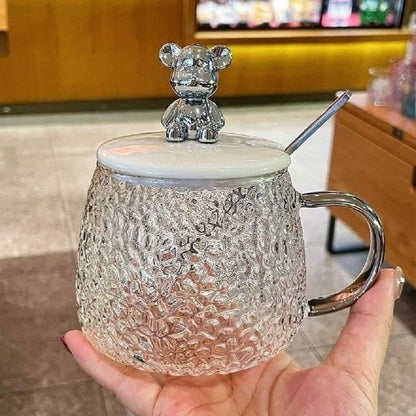 Glass Coffee Mug With Bear Lid And Spoon