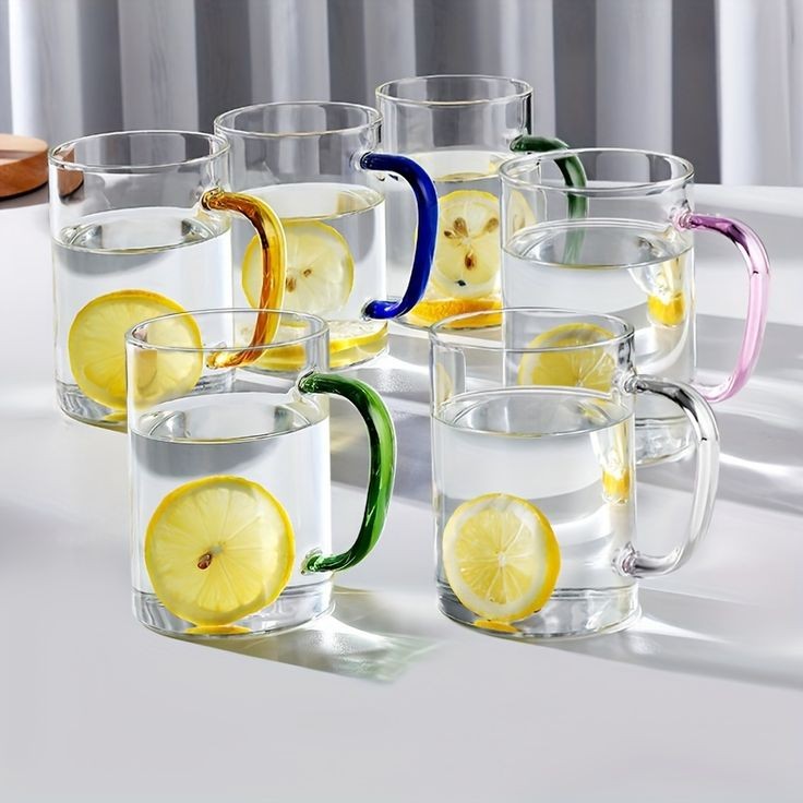 Set of 6 Glass Cups with Multicolor Handles 330 ML