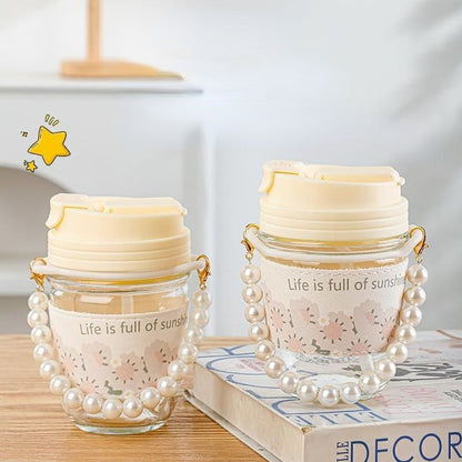 Glass Coffee Mug 350 ML with Pearl Chain