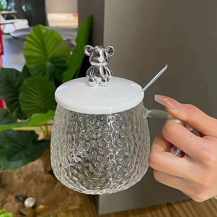 Glass Coffee Mug With Bear Lid And Spoon