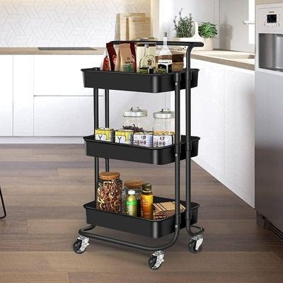 3 Tier Foldable Metal Cart With Wheels