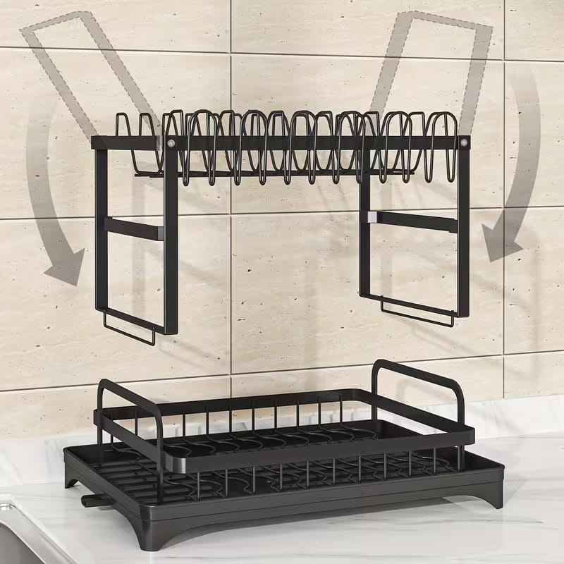 2 Tier Black Dish Drainer Rack With Glass Holder Rust proof