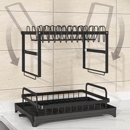 2 Tier Black Dish Drainer Rack With Glass Holder Rust proof