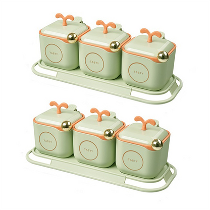 3-Piece Modern Spice Jar Set with Tray & Spoons – Airtight Containers for Kitchen Storage