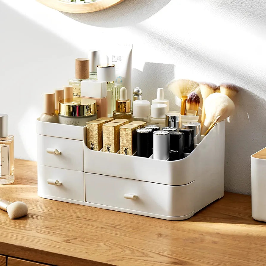 Luxury Desktop Cosmetic Box Multiple Drawers & Lipstick Slots Organize Vanity.