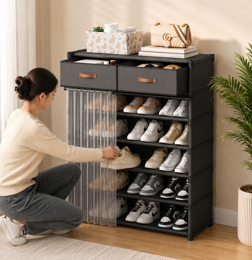 Double Drawer Curtain Shoe Rack Premium Heavy Quality