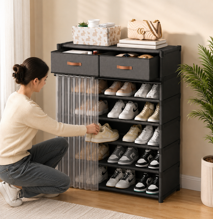 Double Drawer Curtain Shoe Rack Premium Heavy Quality