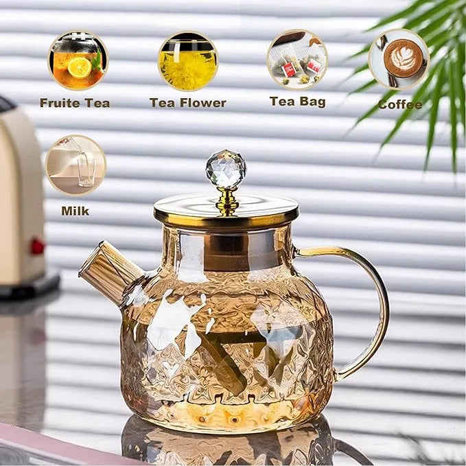 Diamond-Patterned Borosilicate Glass Teapot With Bamboo Lid And Crystal Knob