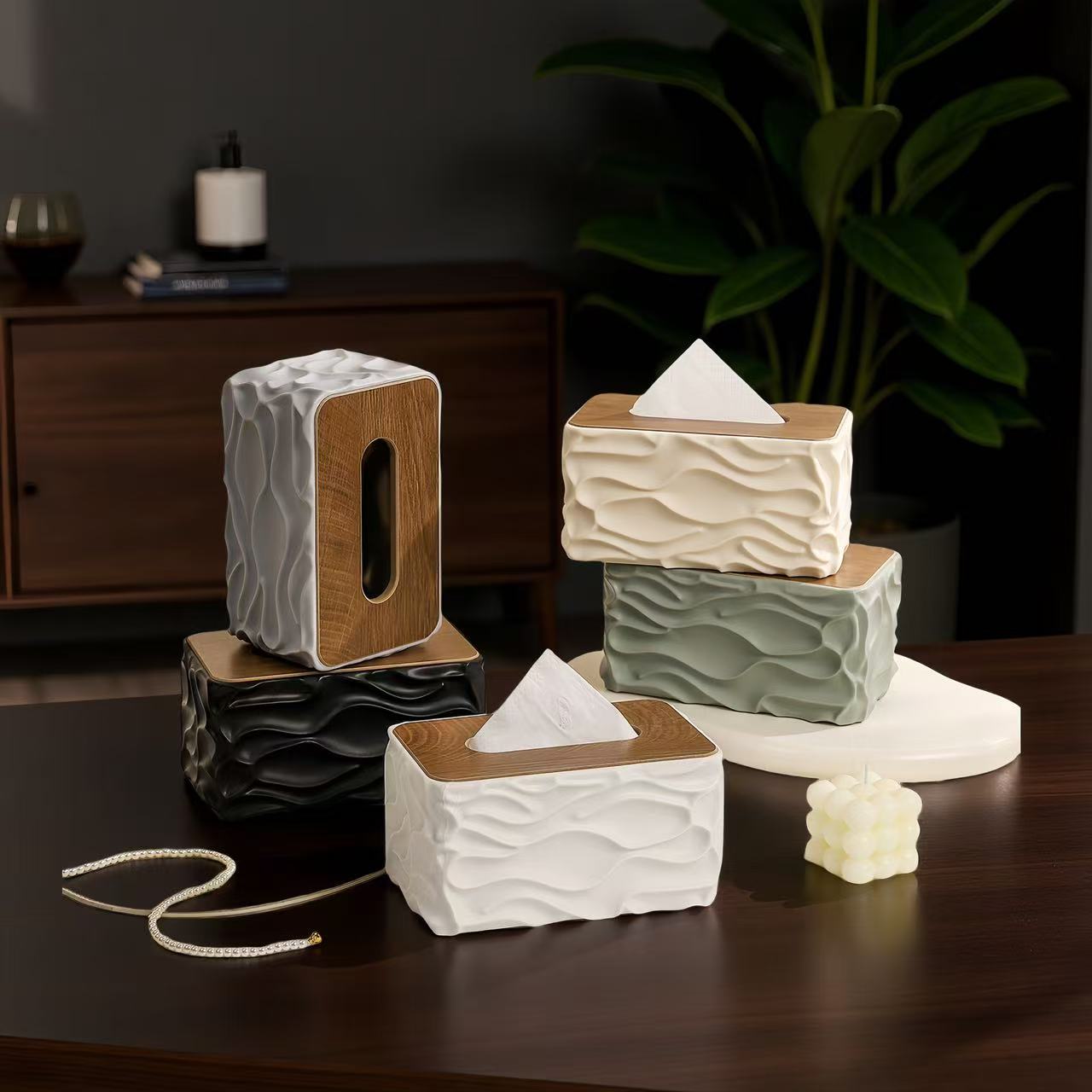 Luxury Wave Texture Tissue Box Cover with Wooden Lid – Premium Decorative Tissue Holder for Home & Office