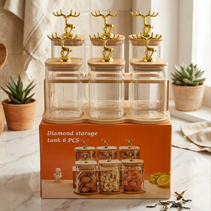 luxury Deer Top Bamboo Stand with Glass Spice Jars Set