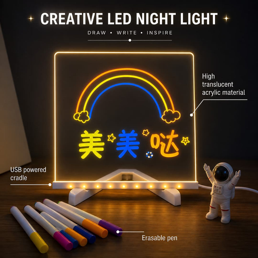 Magic Glowing LED Acrylic Writing Board- 7 Neon Markers – USB Light-Up