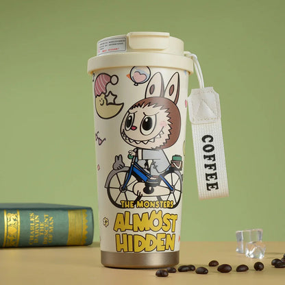 Labubu Cute Cartoon Coffee Thermos  Leakproof Portable Travel Mug with Lid