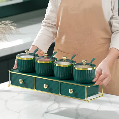 Luxury Spice Set Double Tier Kitchen Organizer with Golden Metal Stand
