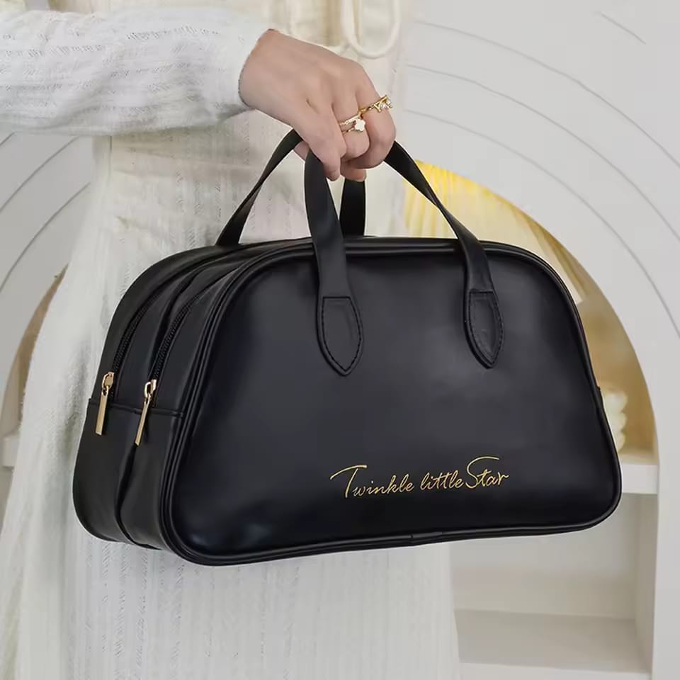 PU Leather Double Layer Travel Cosmetics Storage Bag