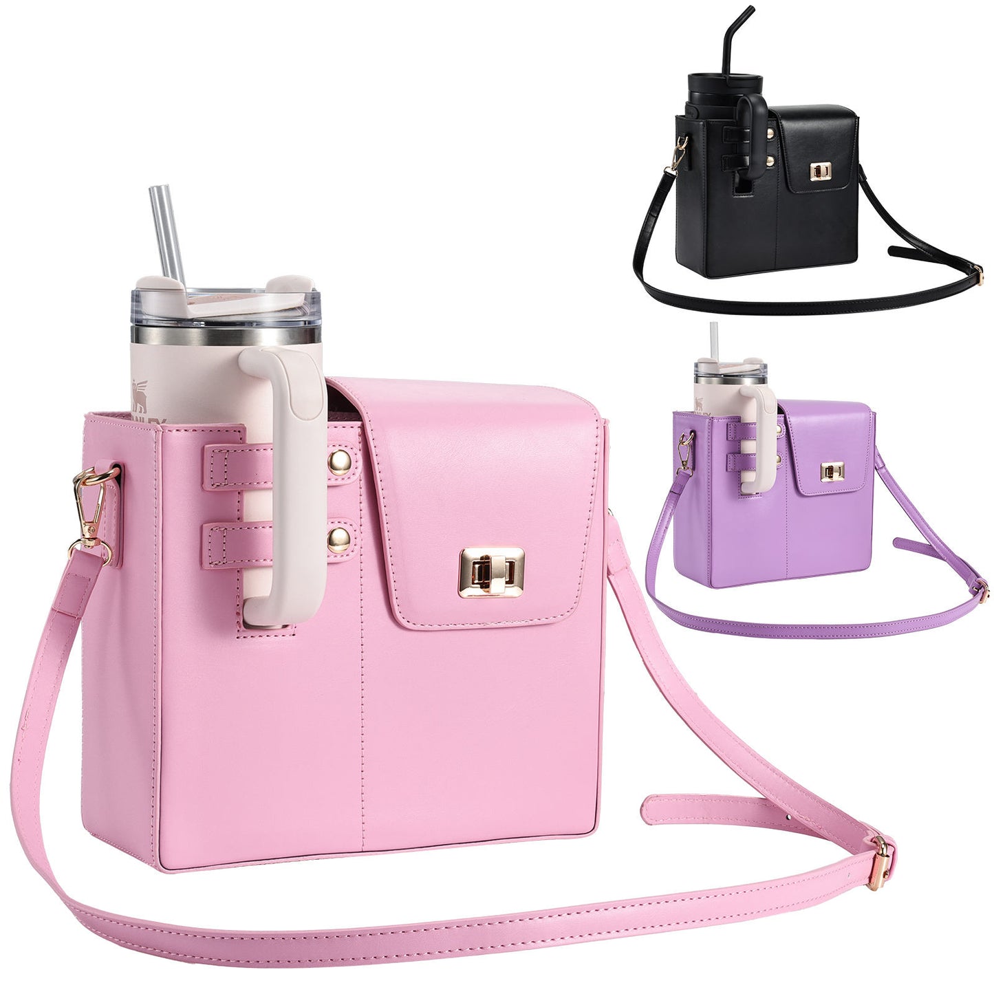 Multipurpose Leather Crossbody Bag With Tumbler Holder