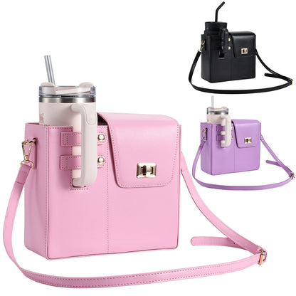 Multipurpose Leather Crossbody Bag With Tumbler Holder