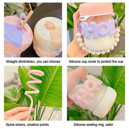 Aesthetic Glass Cup Straw Tumbler Glass Drinking Bottle