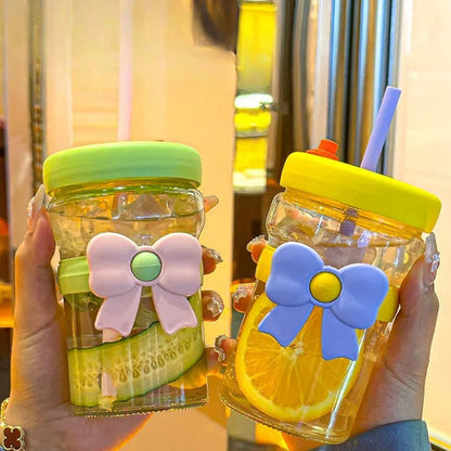 Big Bow Glass Cup With Straw
