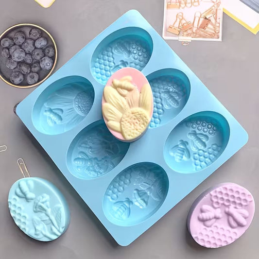 Oval Shape Honey Bee Silicone Baking & Soap Mold 6 Cavity (Black Or White)
