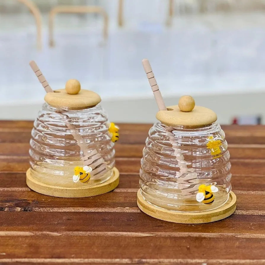 Glass Honey Pot With Spoon, Honey Jar With Wooden Lid