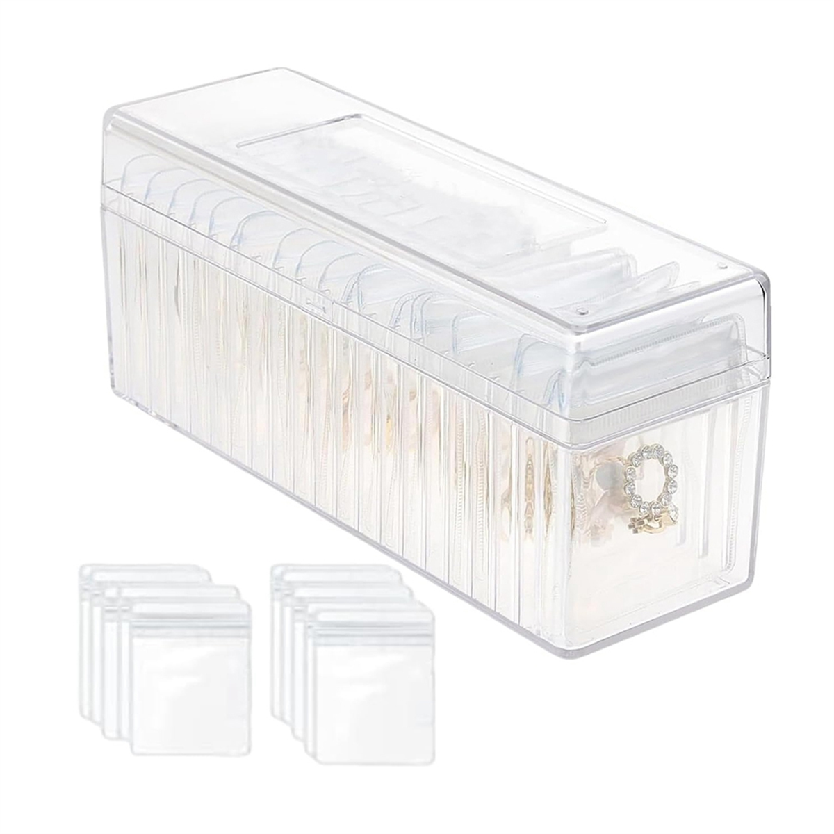 Clear Jewelry Organizer Box with 20 pvc Resealable Zip Bags – Compact Storage Case for Rings, Earrings, Necklaces & Small Accessories