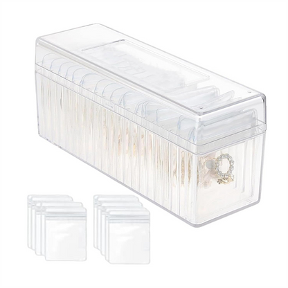 Clear Jewelry Organizer Box with 20 pvc Resealable Zip Bags – Compact Storage Case for Rings, Earrings, Necklaces & Small Accessories