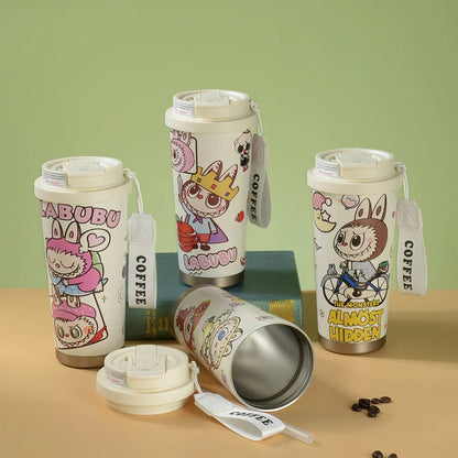 Labubu Cute Cartoon Coffee Thermos  Leakproof Portable Travel Mug with Lid