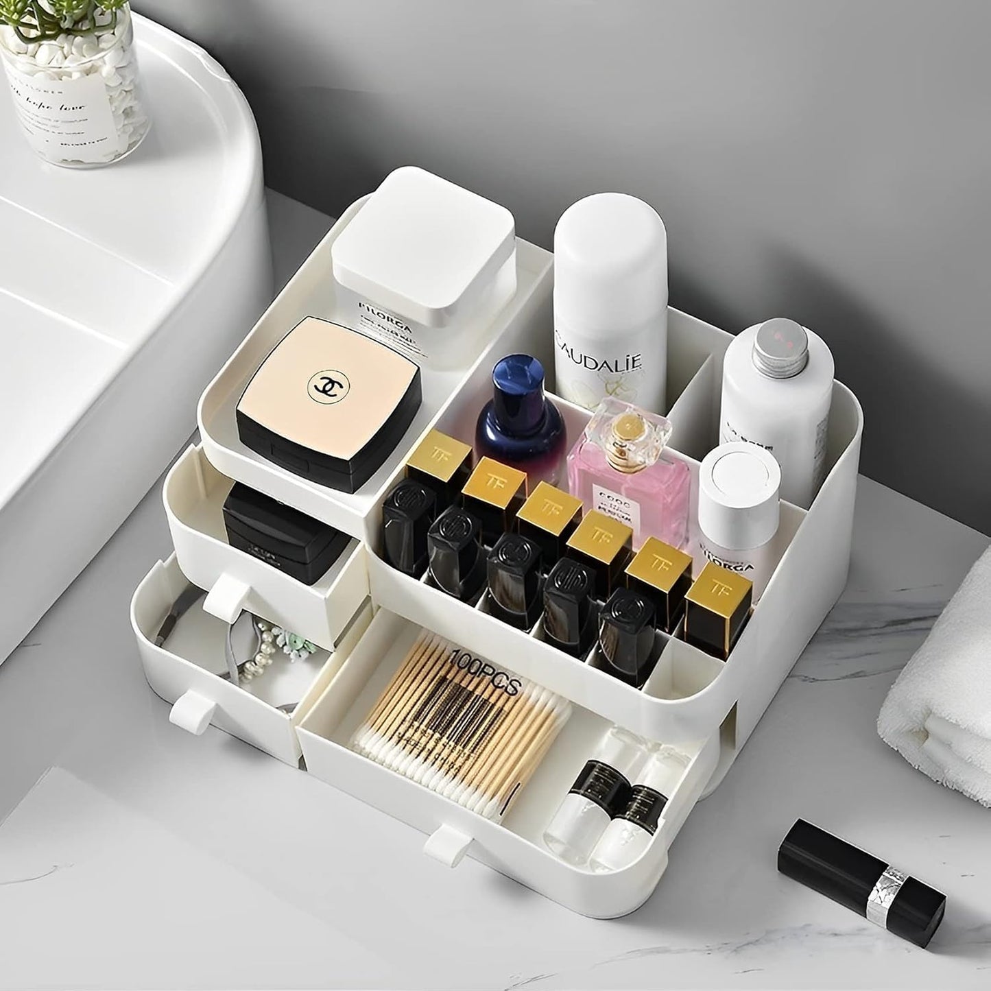 Luxury Desktop Cosmetic Box Multiple Drawers & Lipstick Slots Organize Vanity.