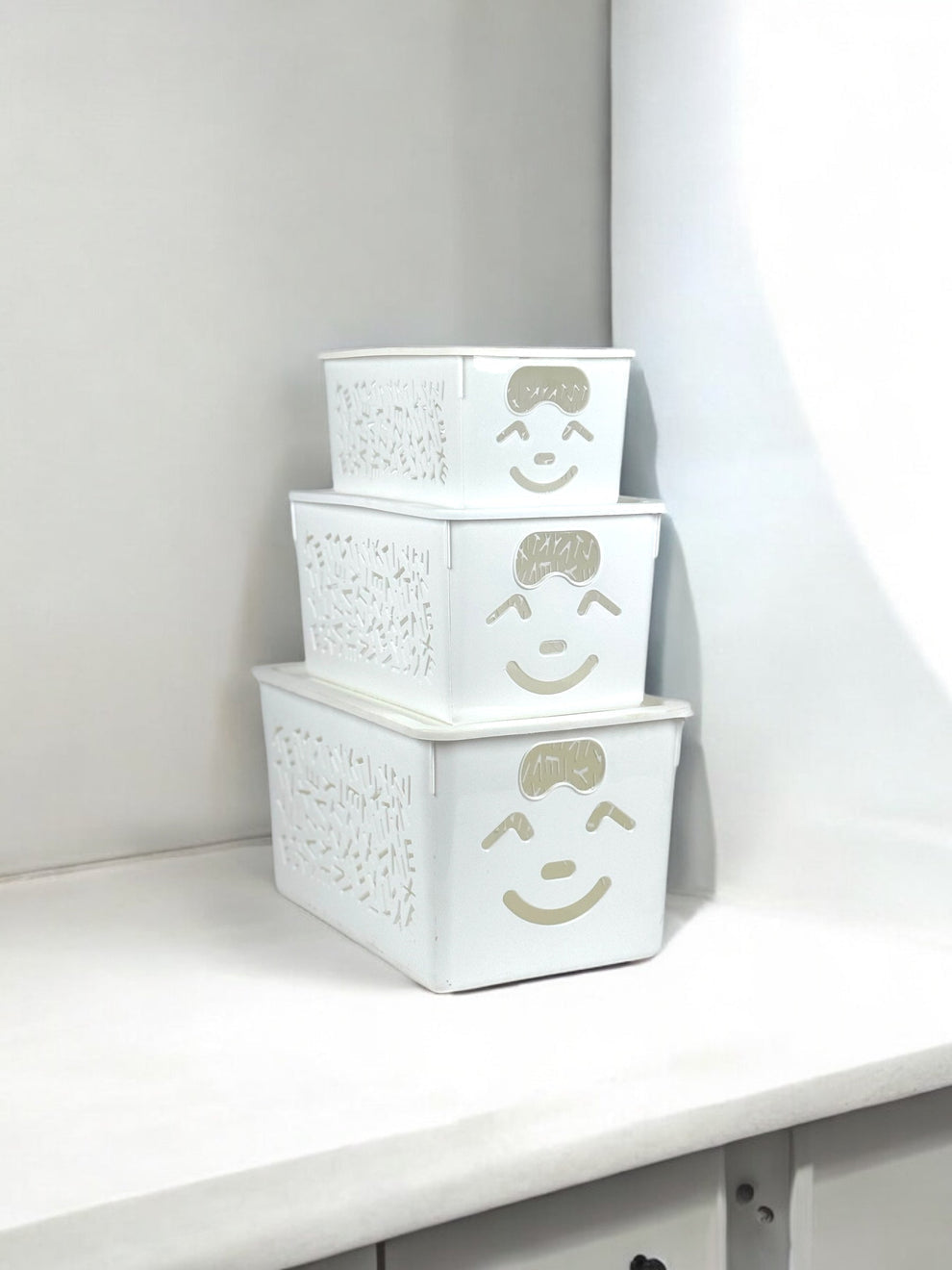 3-Piece Set Of Purple Smiley Toys Storage Baskets With Lids