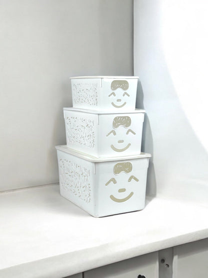 3-Piece Set Of Purple Smiley Toys Storage Baskets With Lids