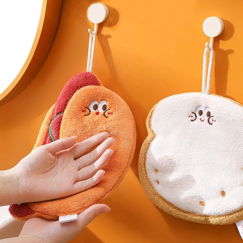 Cute Bread & Cheese Hanging Hand Towel – Soft Coral Fleece, Ultra Absorbent