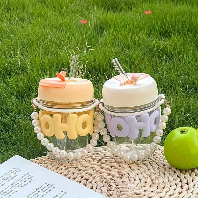 Aesthetic Glass Cup Straw Tumbler Glass Drinking Bottle