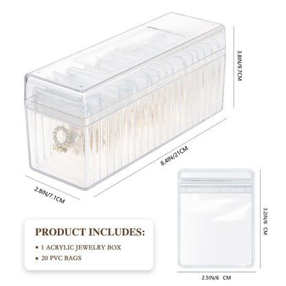 Clear Jewelry Organizer Box with 20 pvc Resealable Zip Bags – Compact Storage Case for Rings, Earrings, Necklaces & Small Accessories