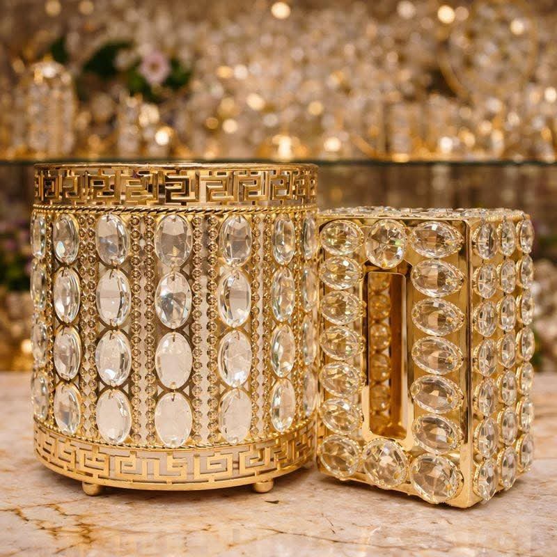 Floral Crystal Print Round Nug Bin & Tissue Box – Gold (Random Design)