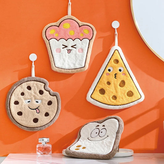 Cute Bread & Cheese Hanging Hand Towel – Soft Coral Fleece, Ultra Absorbent
