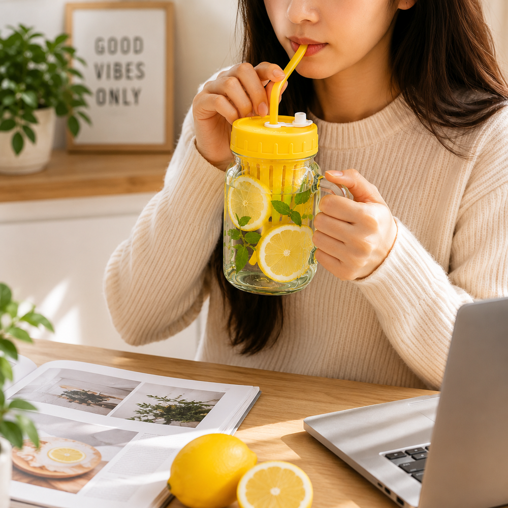 500ml Glass Sipper with Infuser, Leakproof Glass Infuser Mug with Straw
