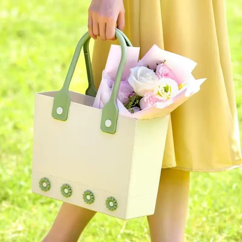 Flowery Rectangle Purse Basket with Rubber Handle